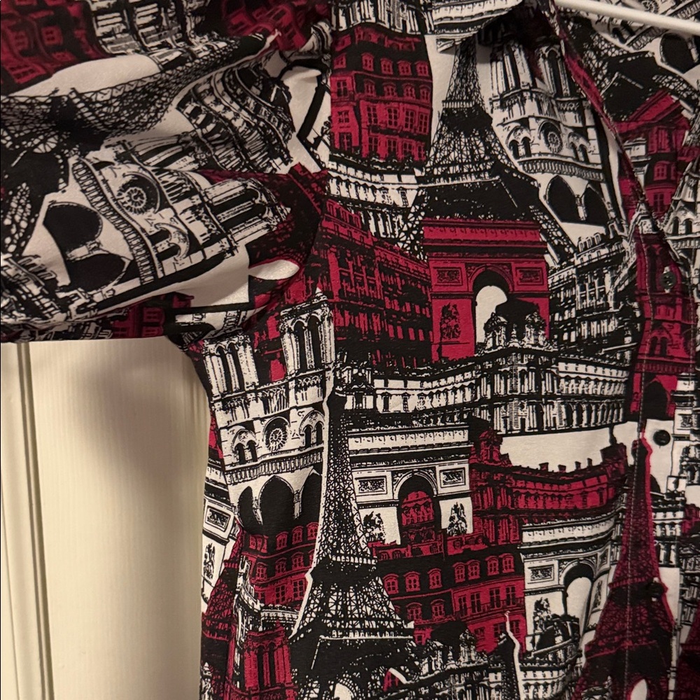 Karl Lagerfeld Pink, Black, and White Architectural Print Short-Sleeve Blouse - Picture 4 of 5